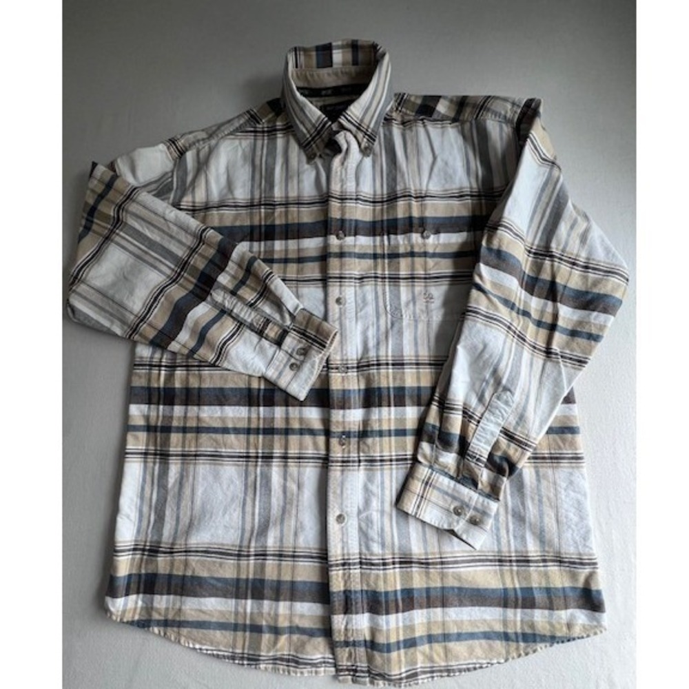 National Outfitters 20X Button Down Shirt Men 2XL White Tan Plaid Cotton Flannel